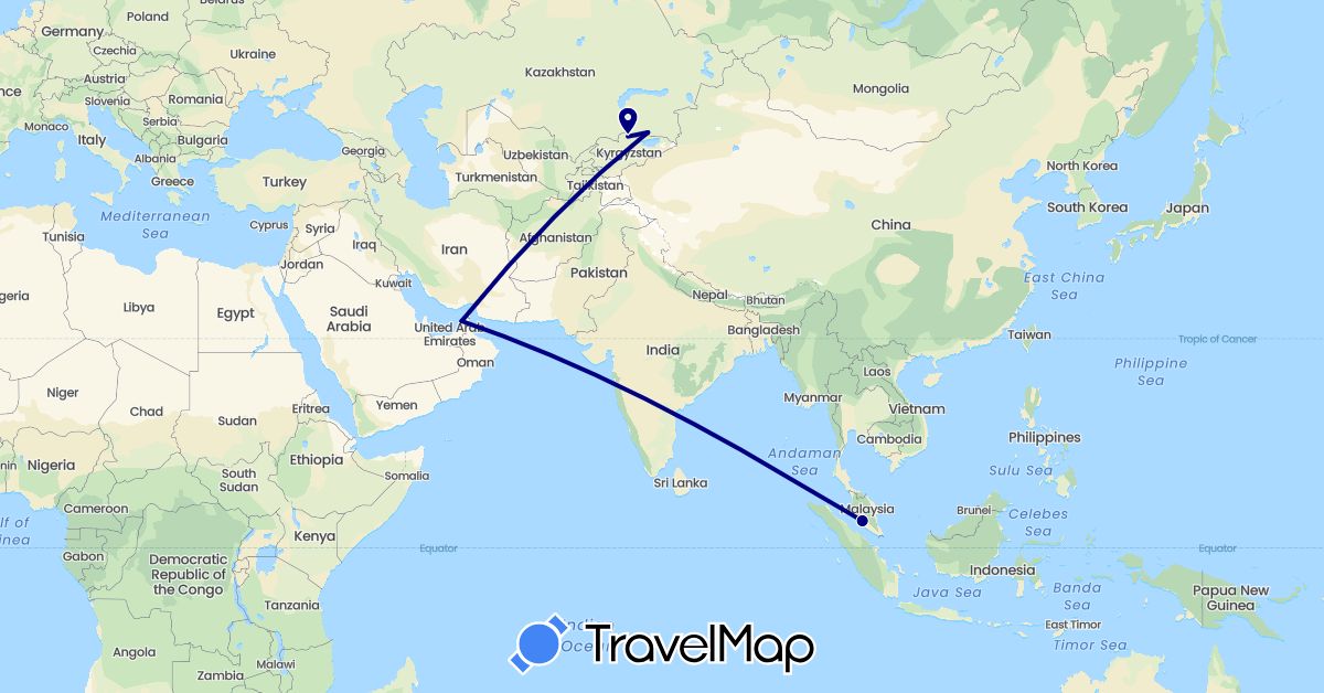 TravelMap itinerary: driving in United Arab Emirates, Kyrgyzstan, Kazakhstan, Malaysia (Asia)
